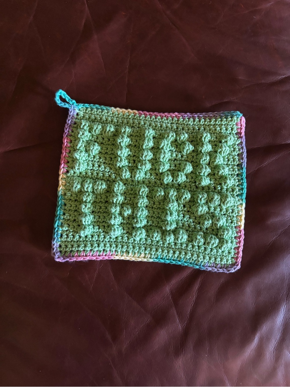 Hand Crafted Green Crochet “FU&K THIS”Potholder with Multicolor Trim